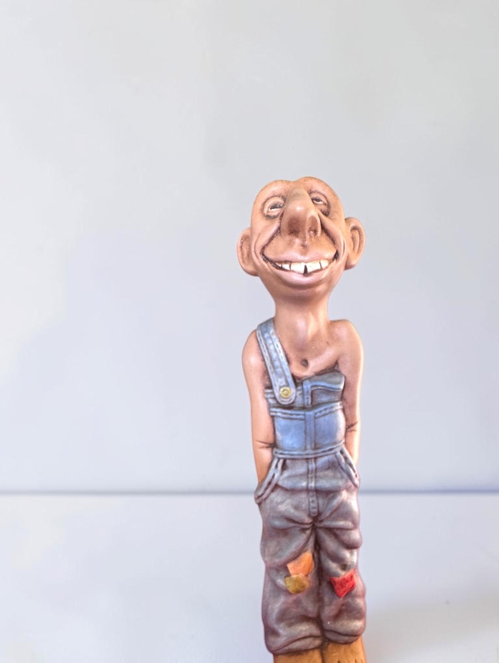Vintage 1980s Barefoot Hillbilly Man Figurine Overalls Folk Art Kitsch 10”